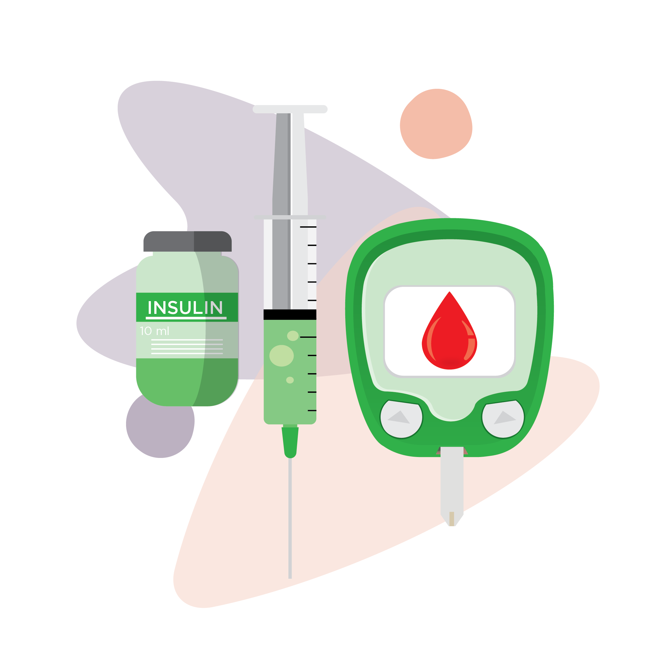 Illustration of insulin bottle, syringe and glucose meter or glucometer