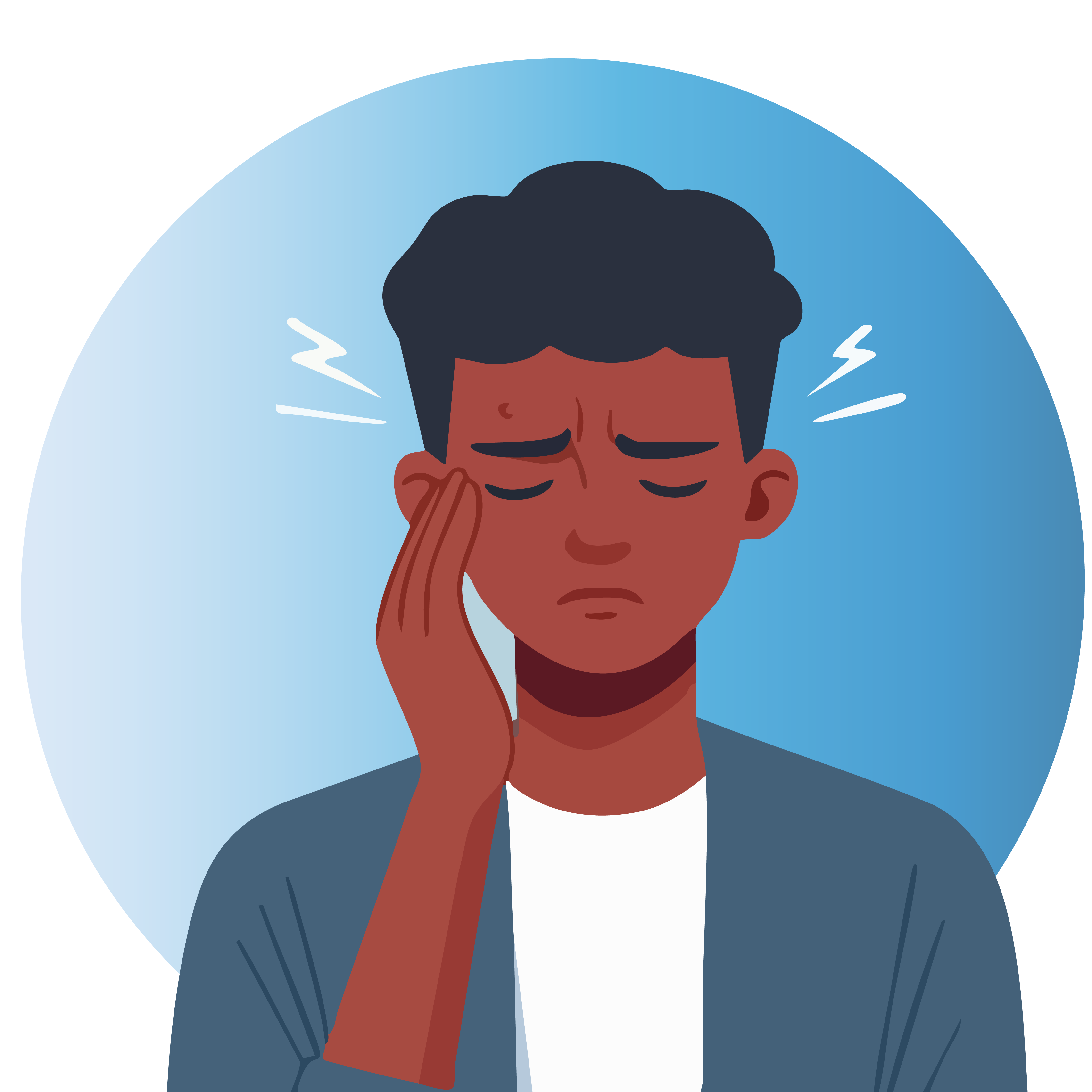 Illustration of a young man holding a hand to his temple with his eyes closed to indicate he is suffering from a headache.