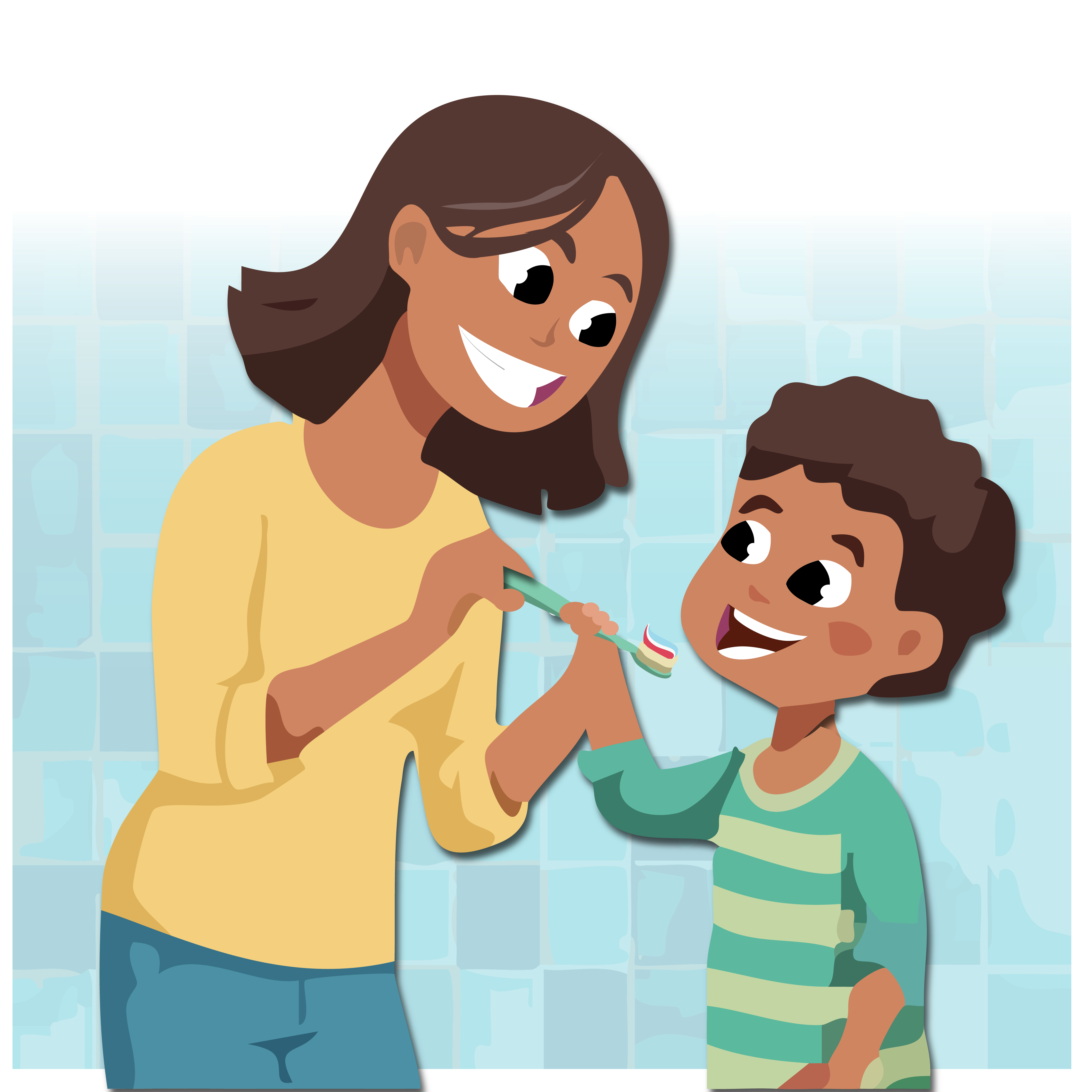 Mother helps young son to brush his teeth.