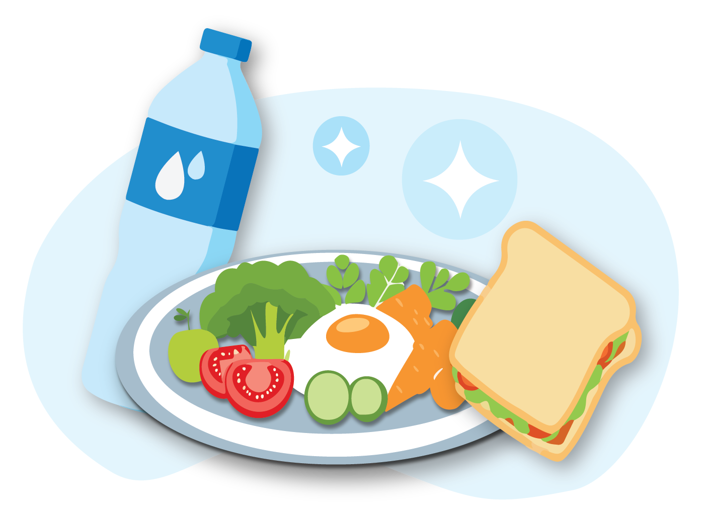Illustration of a healthy, balanced meal and a bottle of water.