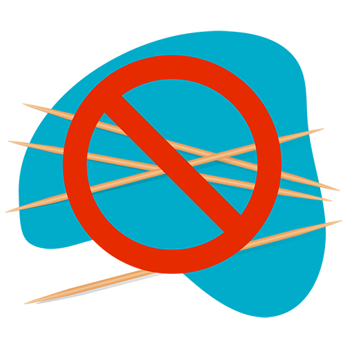 Illustration of standard wooden toothpicks with a red circle crossing them out to show they shouldn't be used to floss or clean between teeth. 