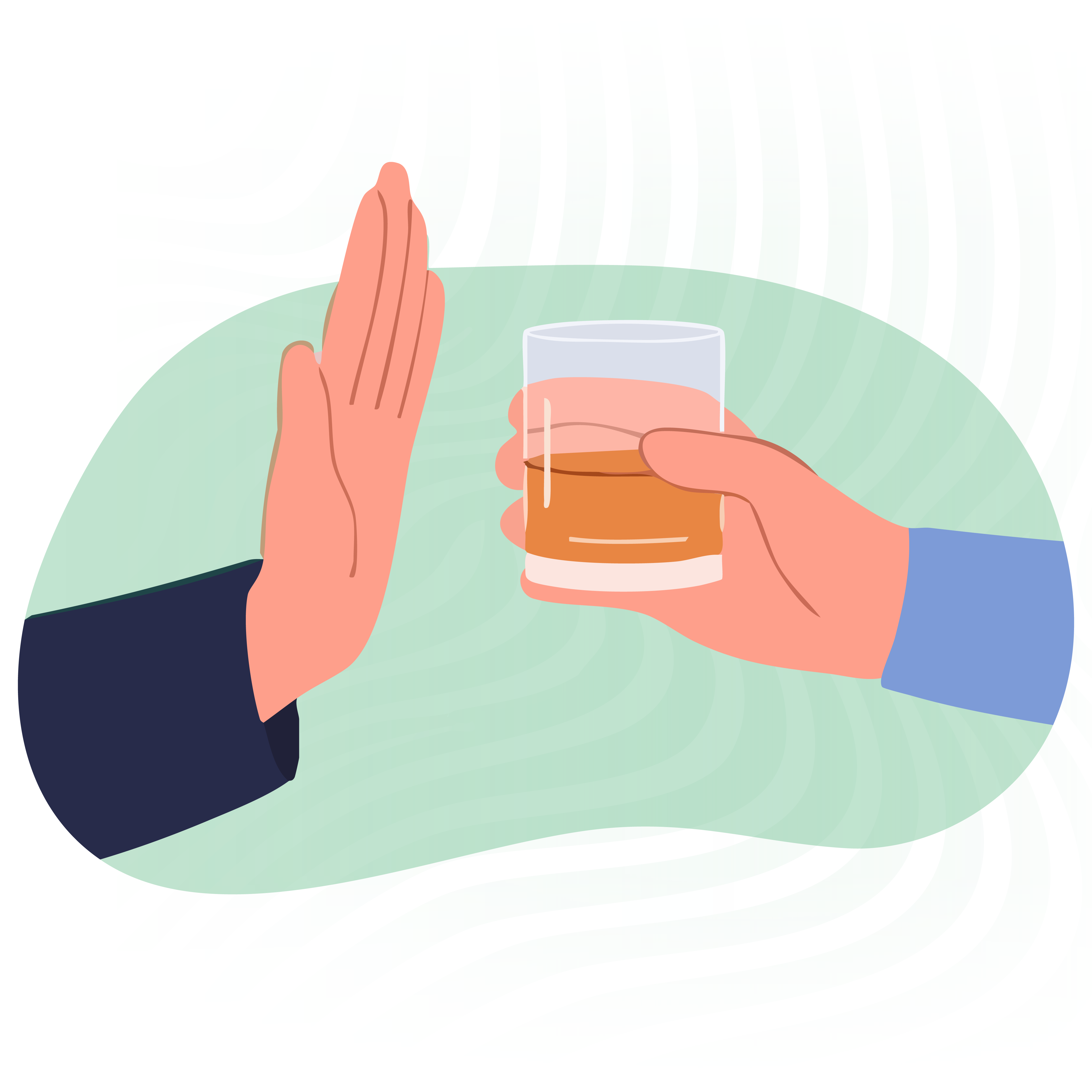 Image of a hand making a "stop" sign and rejecting the offer of a glass of alcohol.