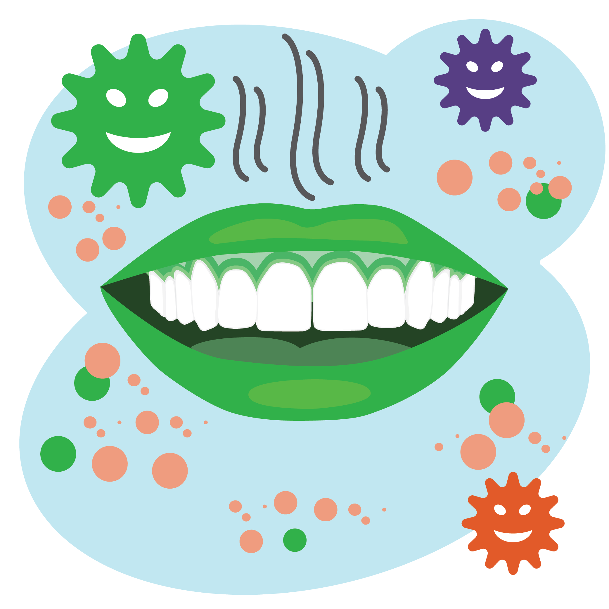Illustration of a smiling mouth with different colored spots and germ shapes around it along with smell lines to indicate bad breath