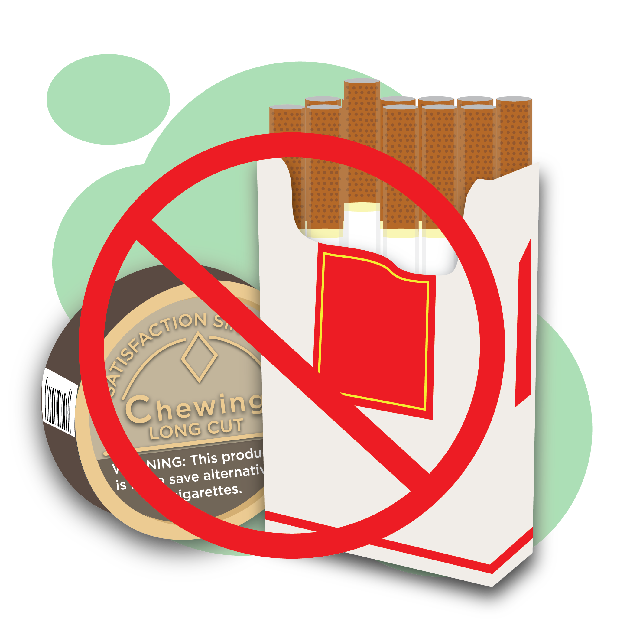 Illustration of a pack of cigarettes and a can of chewing tobacco with a red crossed circle over the top to indicate they should be avoided