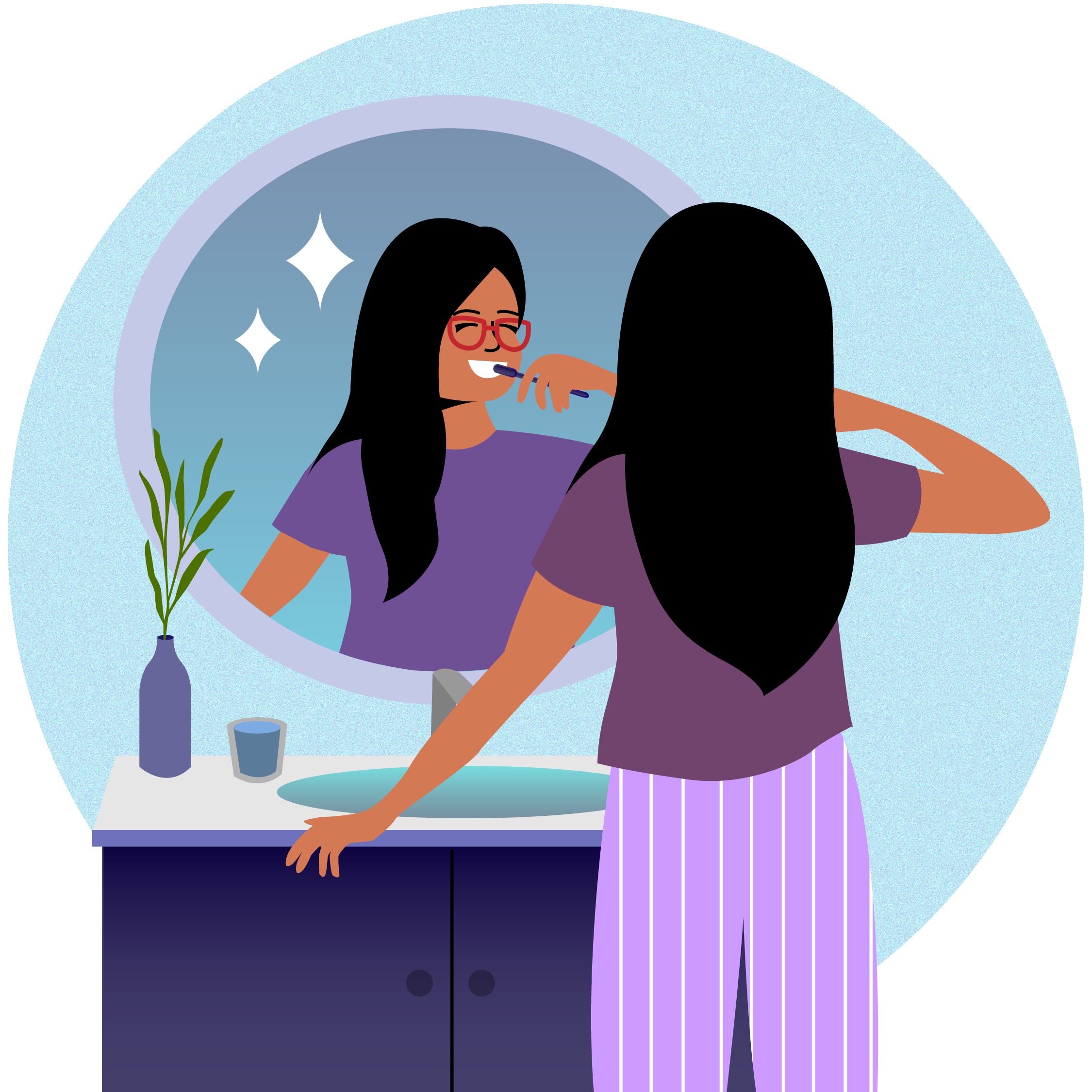 Illustration of a young woman wearing glasses brushing her teeth in front of the bathroom mirror and sink. She is wearing purple pajamas 