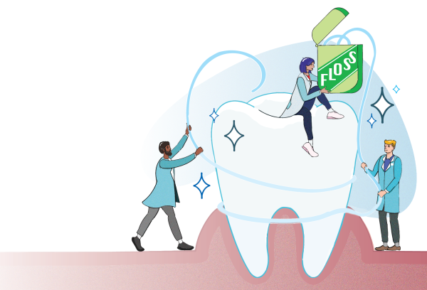 Illustration of a large tooth with a man standing on either side of it. A woman is sitting on the tooth holding an oversized box labeled "Floss." The men are holding the ends of the dental floss and wrapping it around the tooth to clean it. ></a></div><div class=