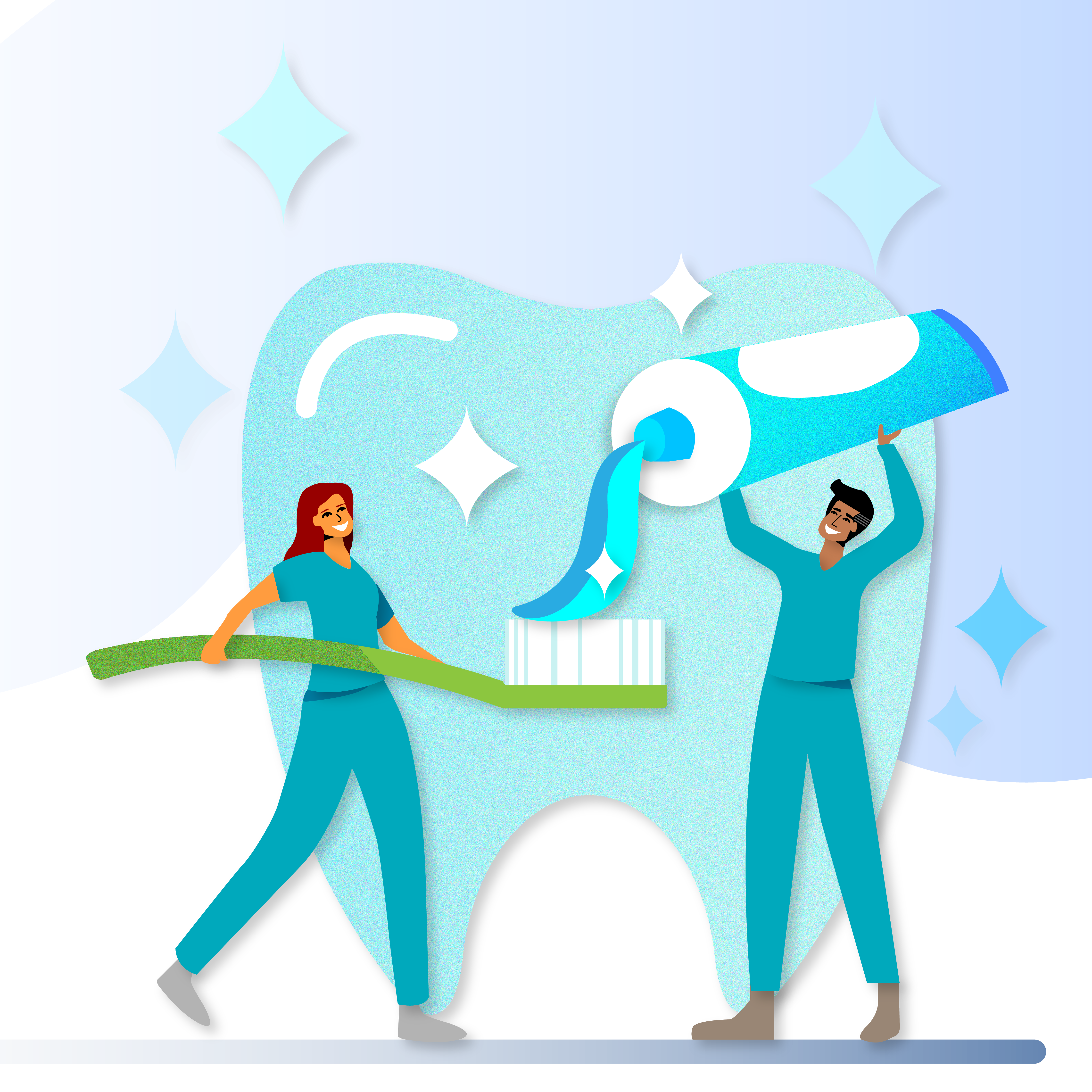 Illustration of man putting toothpaste from a giant tube onto an oversized toothbrush that a woman is holding. There is the outline of a tooth in the background 
