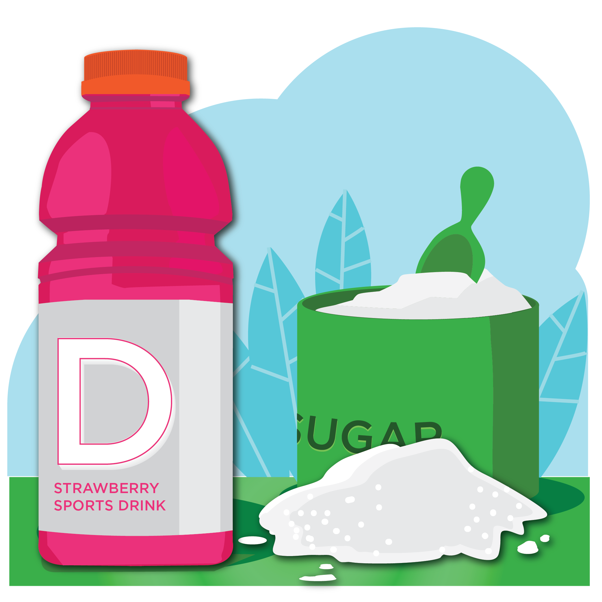 Illustration of sports drink bottle and sugar jar to emphasize the high sugar content