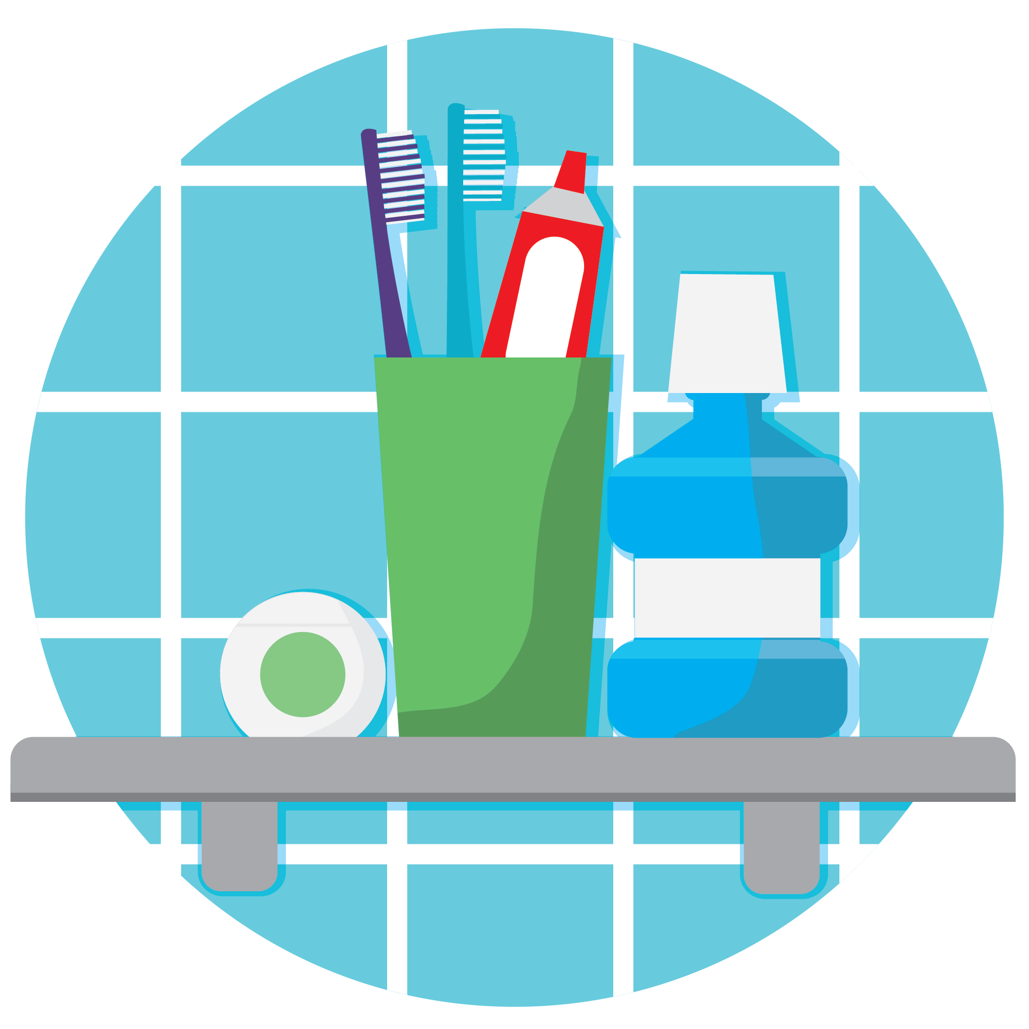 Illustration of a cup on a bathroom shelf. Inside the cup are a purple toothbrush, a blue toothbrush and a tube of toothpaste that are visible sticking out of the top of the green cup. Next to these items on the shelf is a bottle of mouthwash 