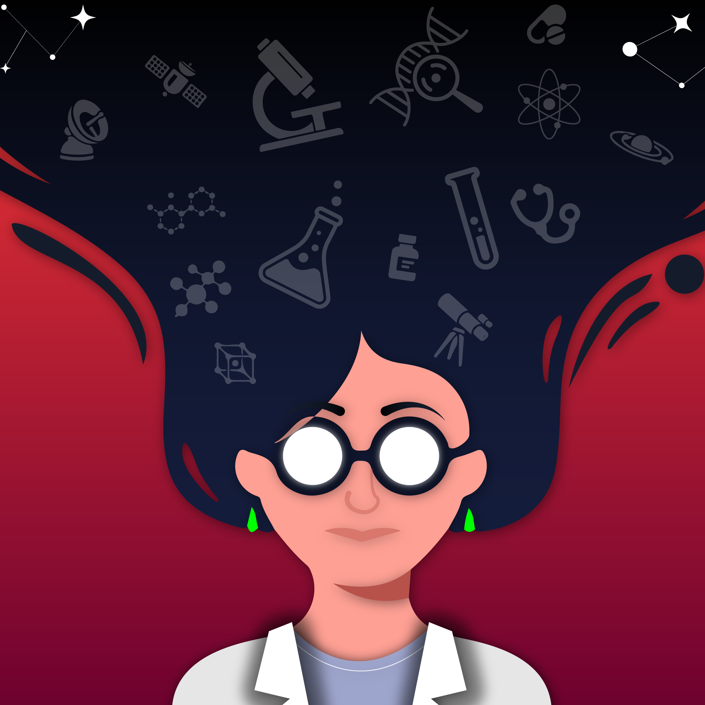 Illustration of woman in a lab coat wearing glasses and green earrings. In her hair there are outlines and silhouettes of lab materials such as microscopes and test tubes. 