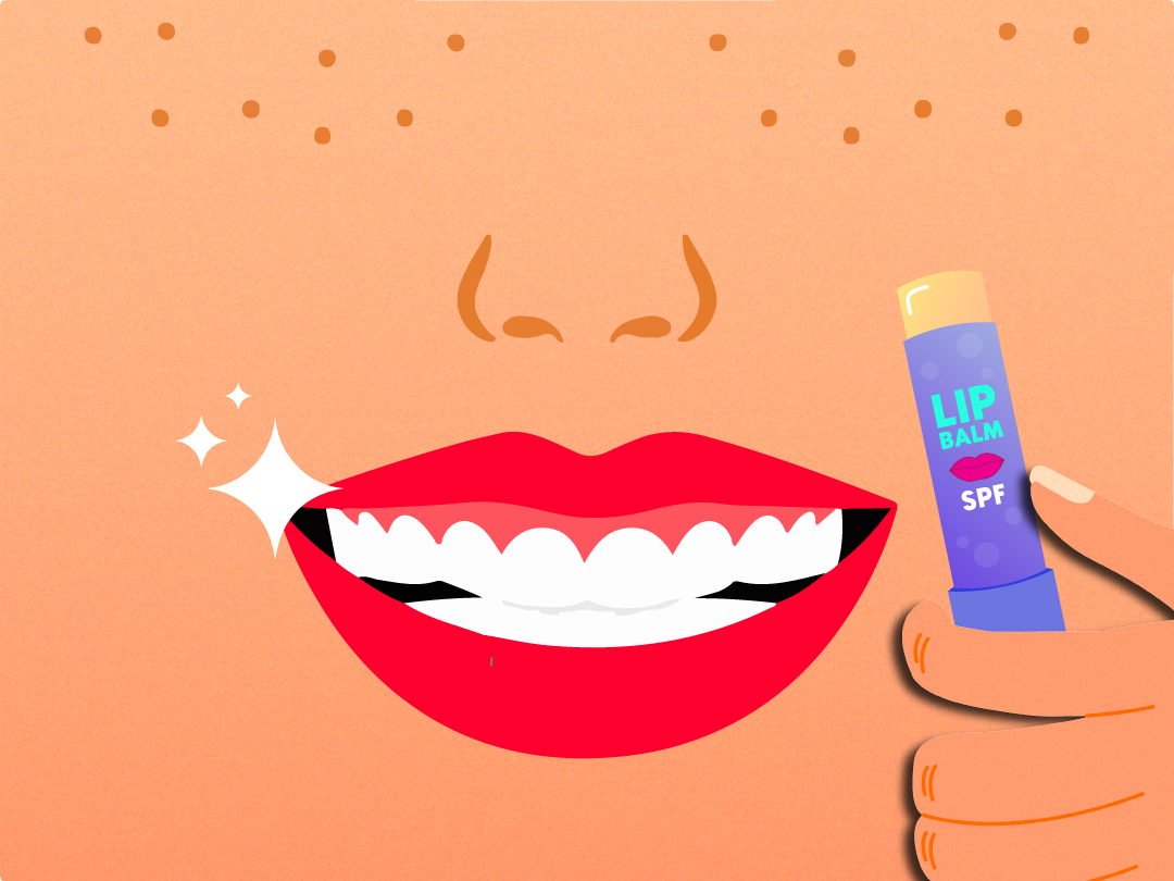 Illustration of a smiling mouth with a hand holding Lip Balm containing SPF