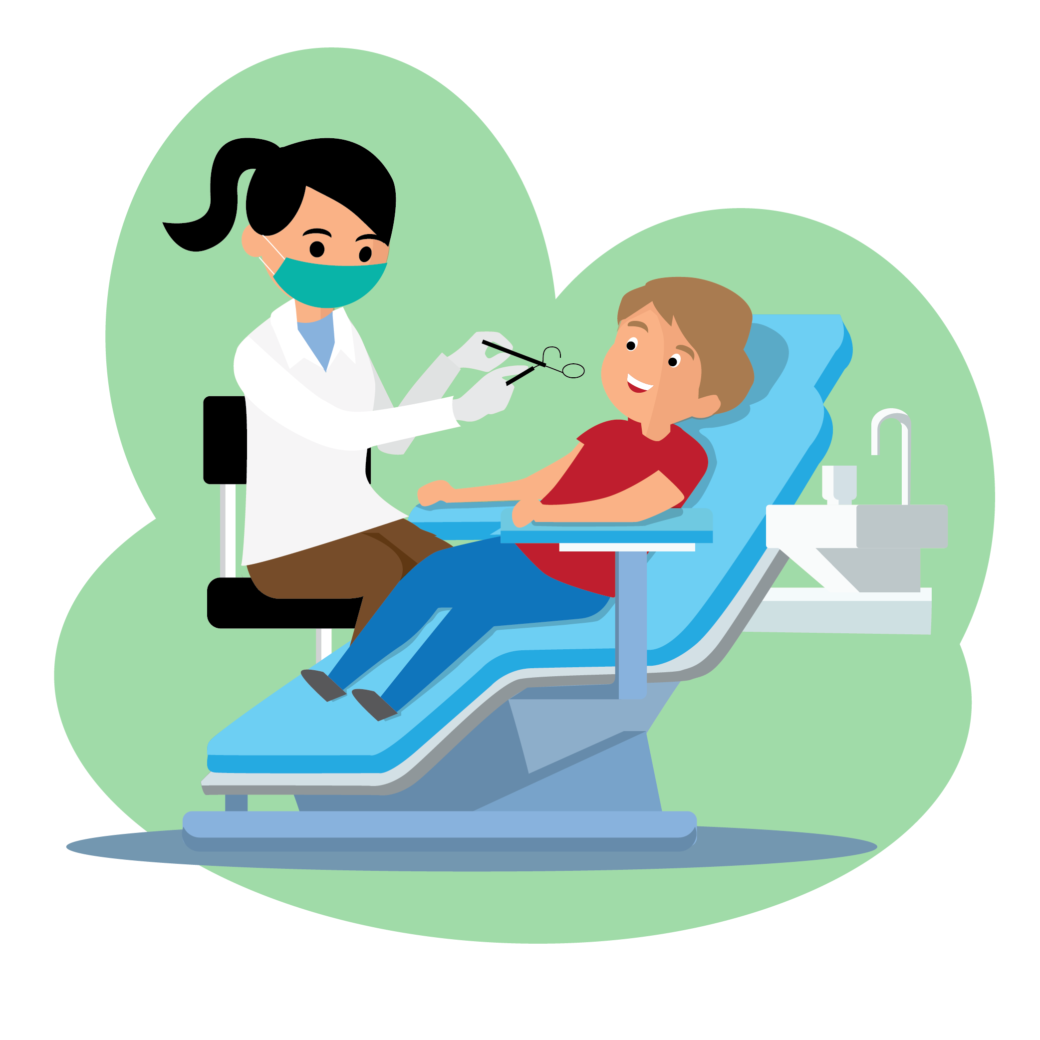 Illustration of female dentist giving care to child in chair