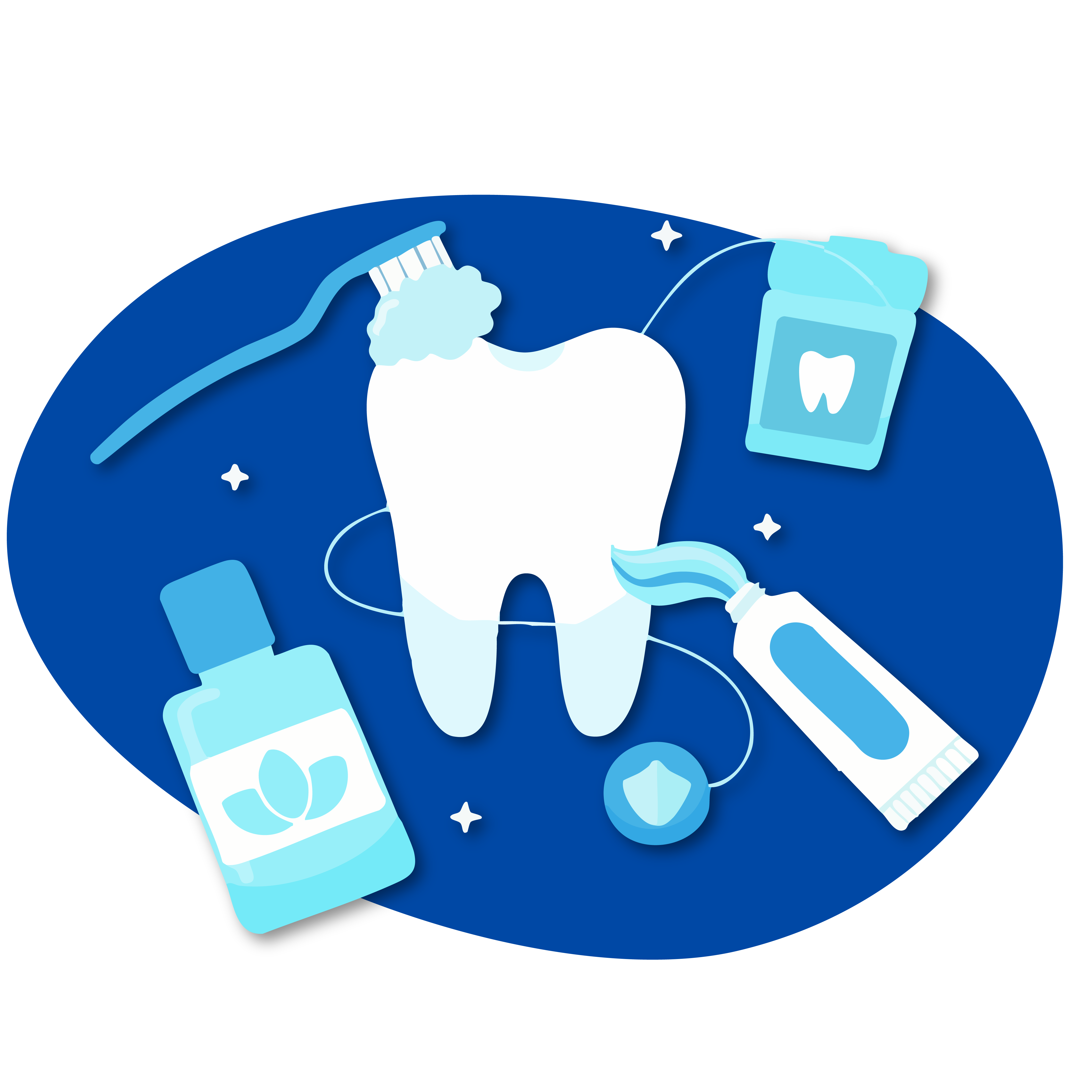 Illustration of a tooth surrounded by a toothbrush, dental floss, toothpaste and mouthwash. These are all components needed to care for the tooth.