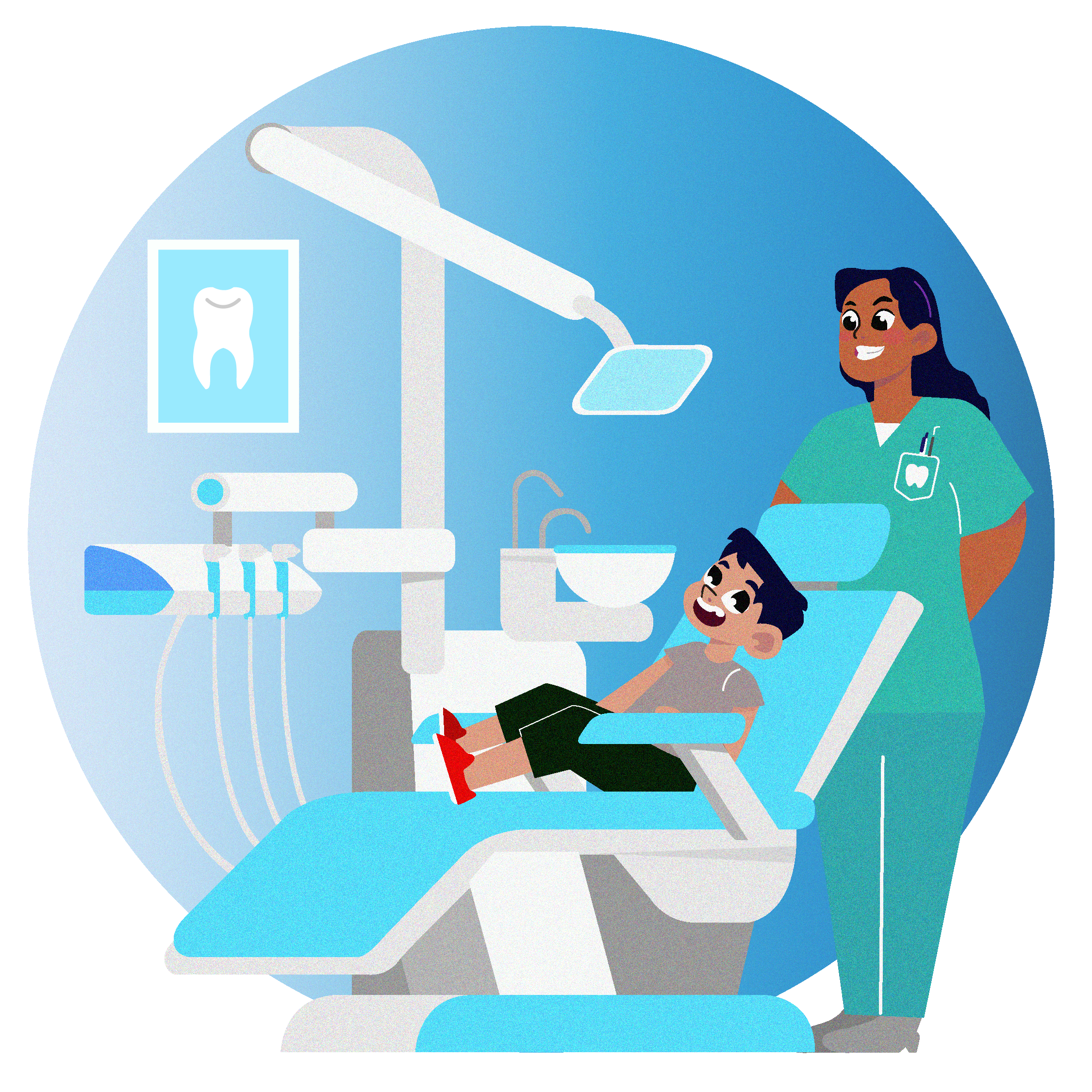 Illustration of the dental provider and child in the dental office.