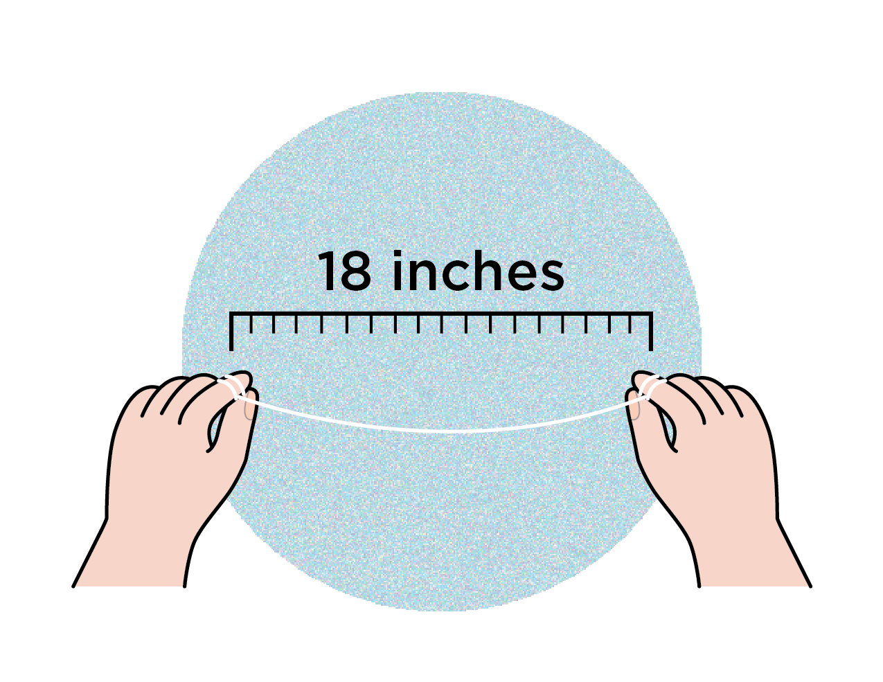 Illustration of hands holding out a piece of dental floss that is in front of ruler marked at 18 inches. 