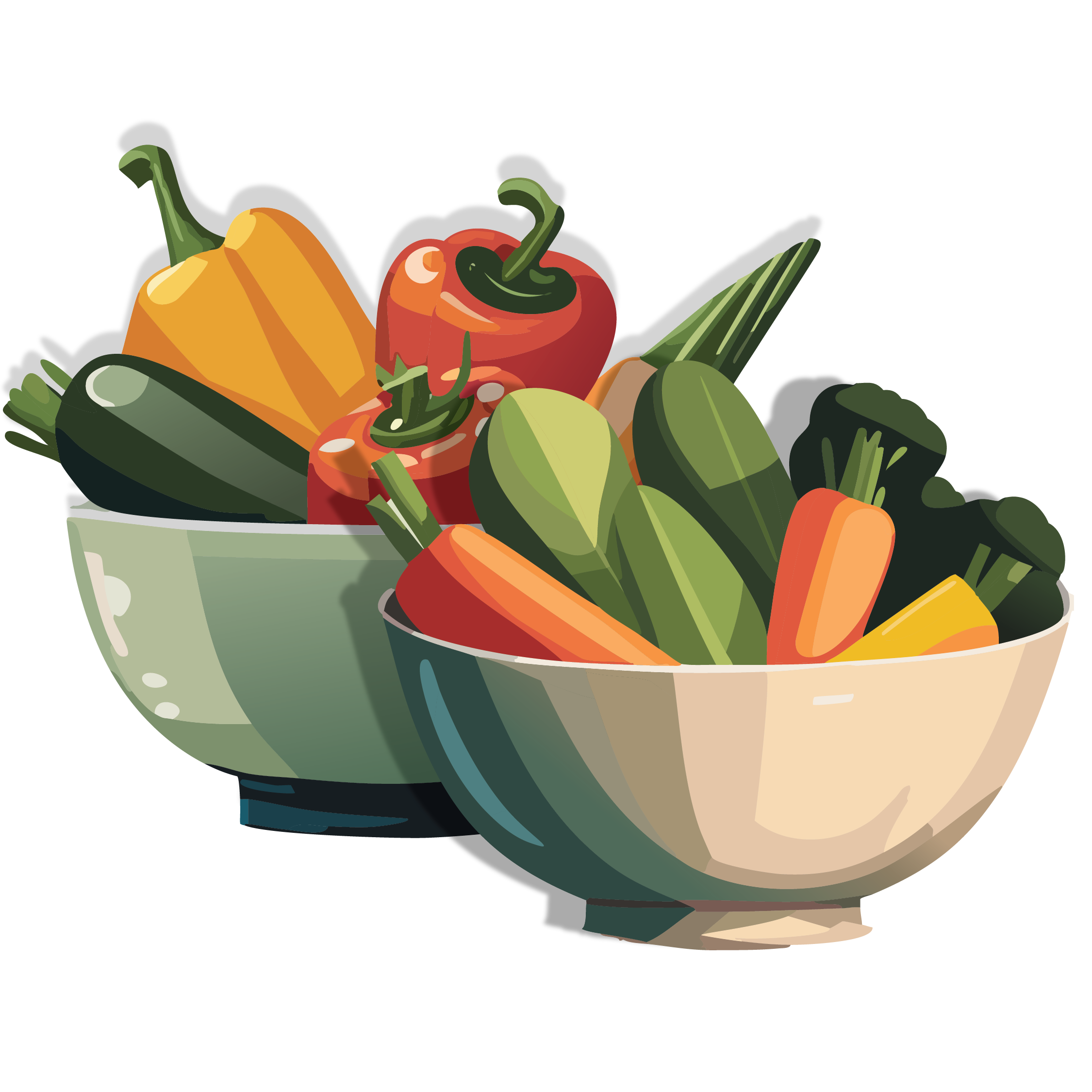 Illustrations of bowls full of fresh veggies like peppers, carrots and greens