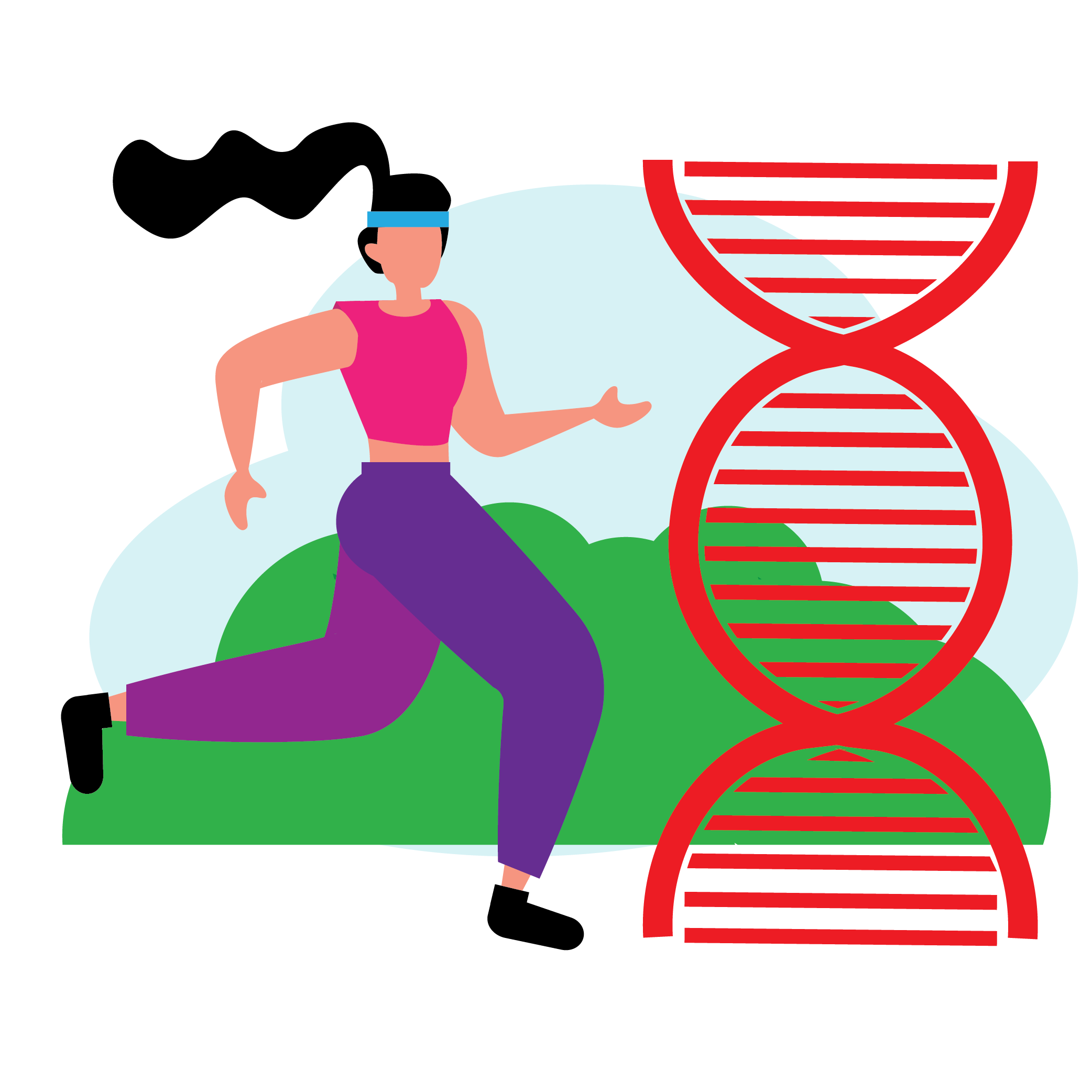 Illustration of woman jogging and double helix indicating genetics 