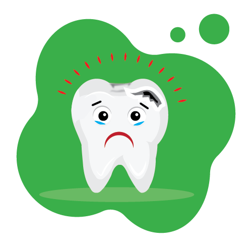 Illustration of a tooth with a sad face and a black marking on the top to indicate a cavity. Red lines around the top of the tooth to show pain. 
