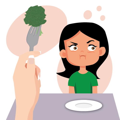 Illustration of a scowling girl in a green shirt. She is looking to the side while a hand in the foreground holds up a fork with a piece of broccoli on it. 