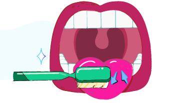 illustration of a toothbrush being applied to the tongue to clean it and remove bacteria, ensuring fresh breath.