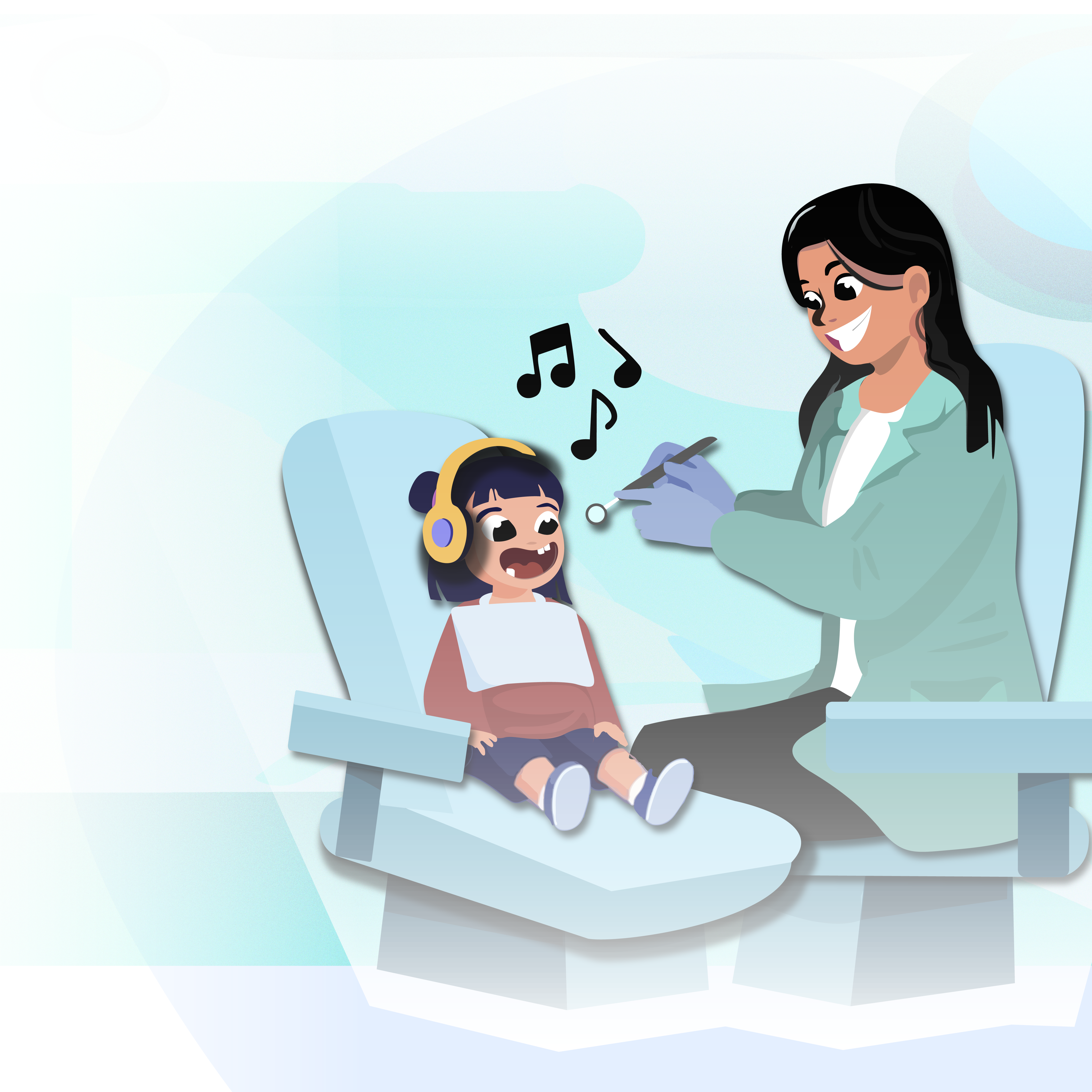 dentist treats a young patient wearing headphones playing music to sooth her anxiety during a dental exam.