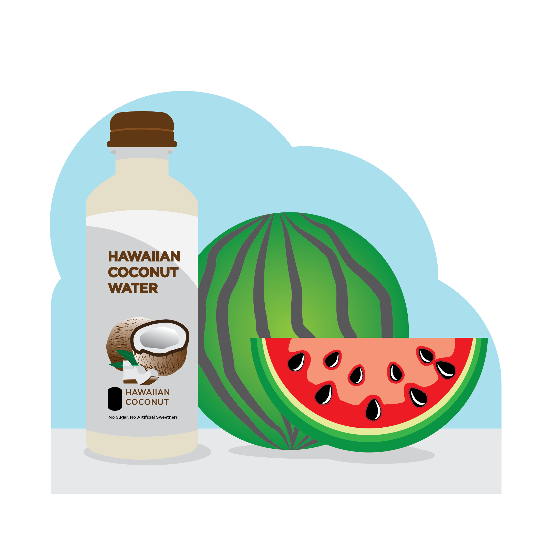 Illustration of bottle of coconut water, a whole watermelon and a slice of watermelon 