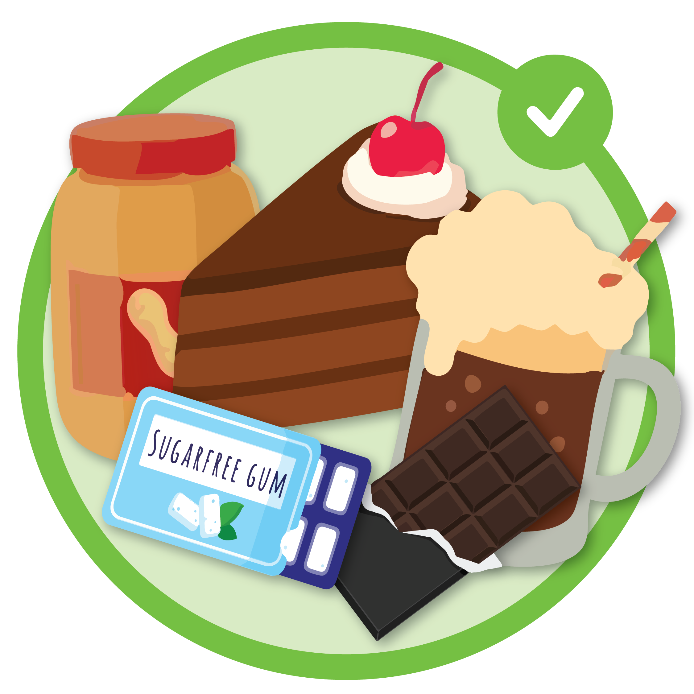 Illustration of food that is better for your braces to have on Halloween, like sugar-free gum, peanut butter, cake, dark chocolate, and a root beer float. It has a green circle around it to show it is an approved choice.