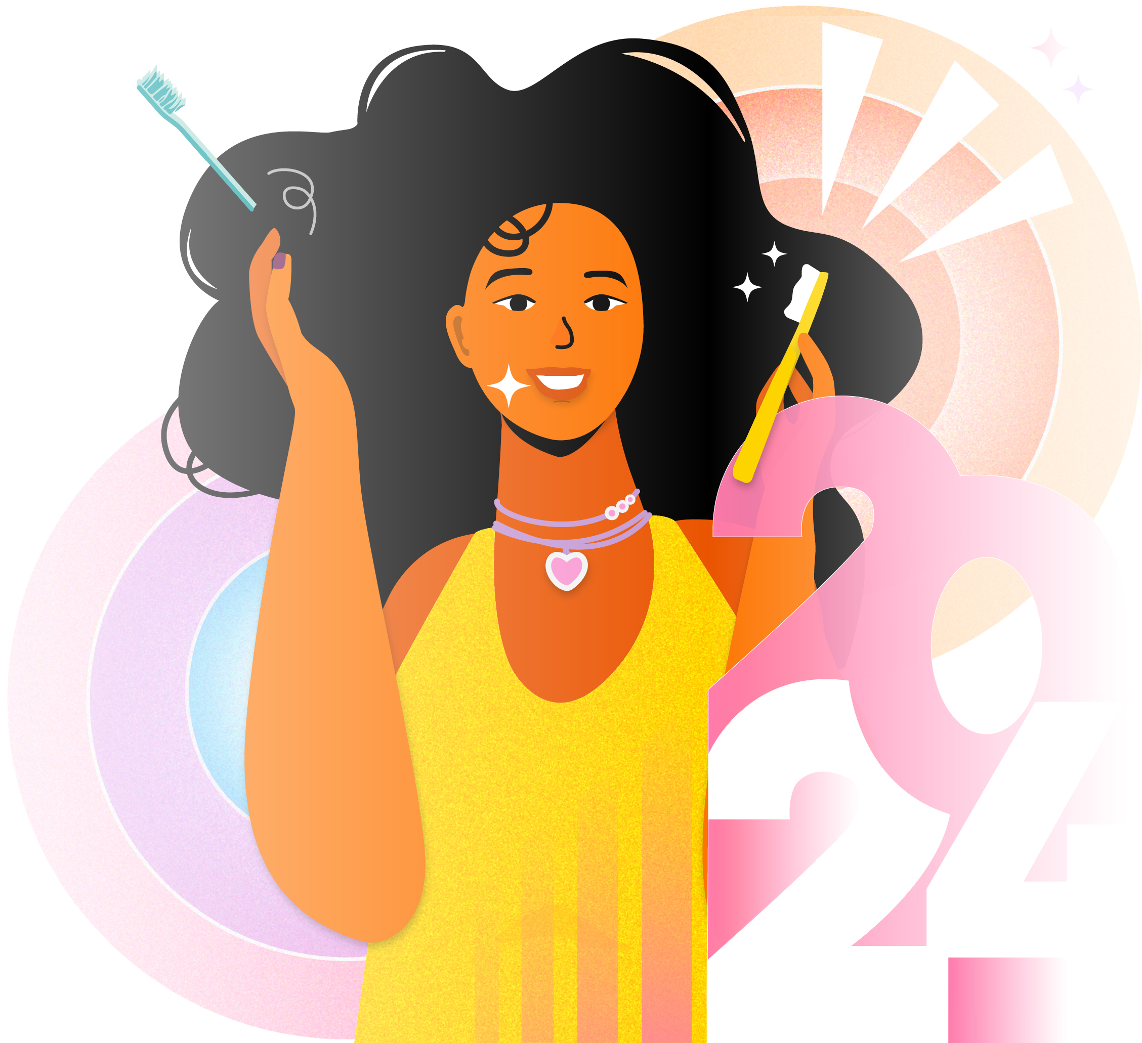 Illustration of a young woman tossing a blue toothbrush from her hand and holding a brand-new yellow toothbrush. She is smiling. In the foreground, the number 2024 is stacked in the corner. 