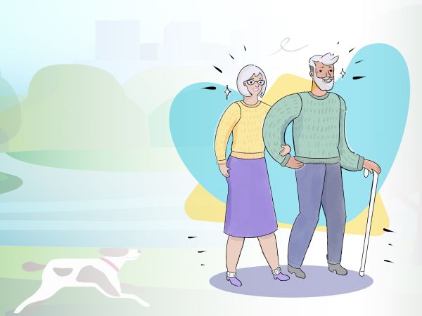 Illustration of an elderly couple taking a walk in a park. The gentleman is using a cane to walk. In the background is a tree near a bench. A dog runs toward the couple. 