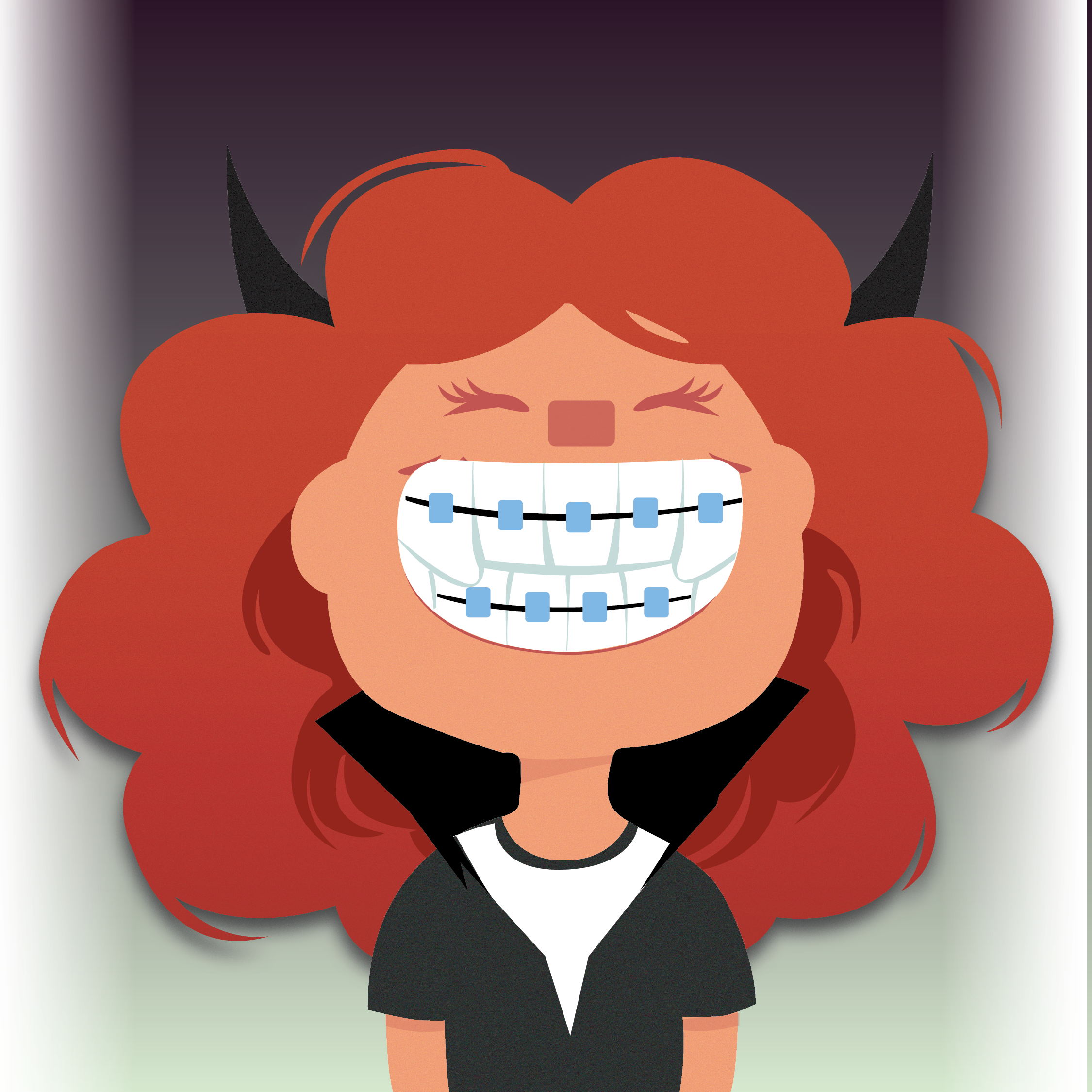Young girl wearing devil horns for Halloween is smiling, revealing her braces.