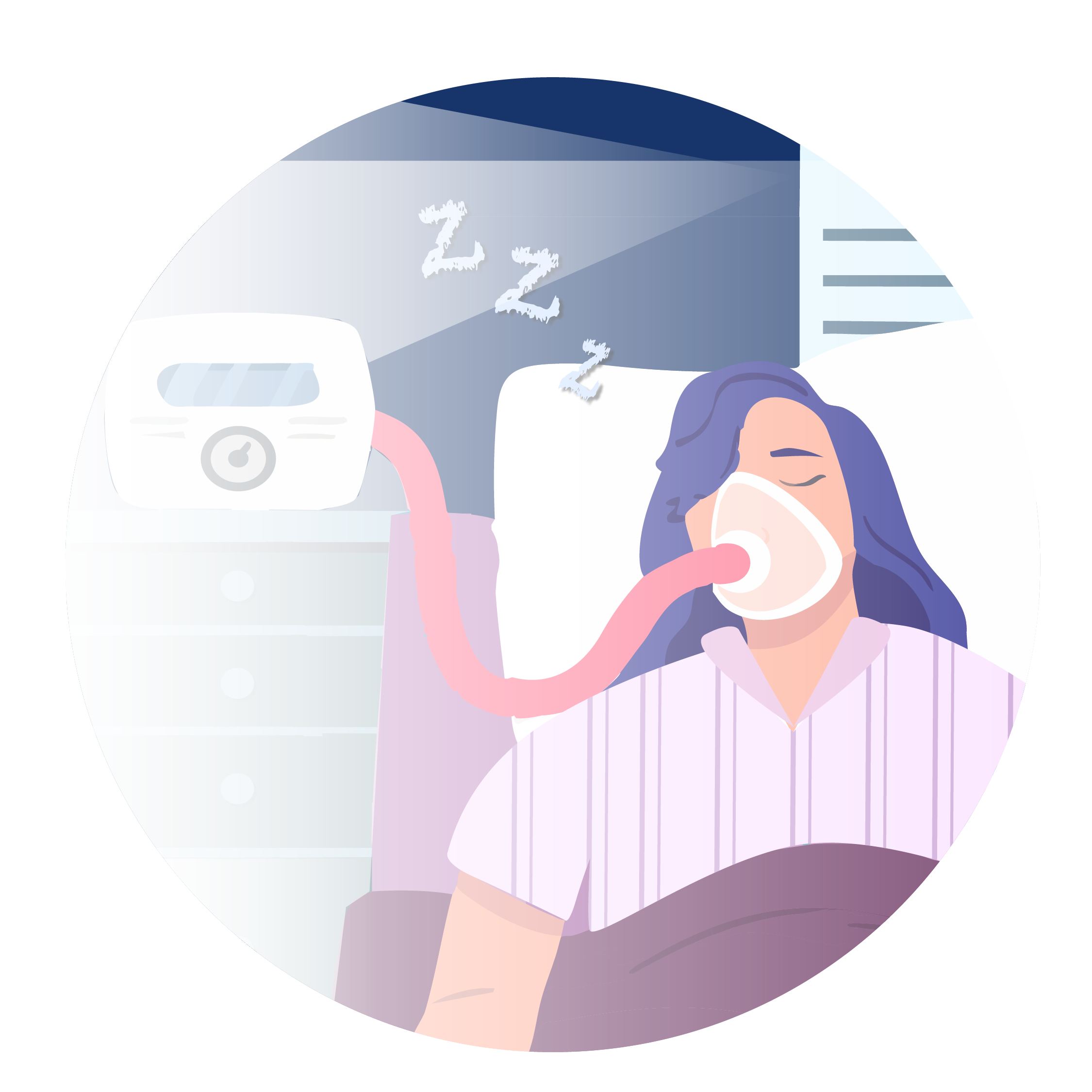 Illustration of a woman sleeping while using a CPAP machine.