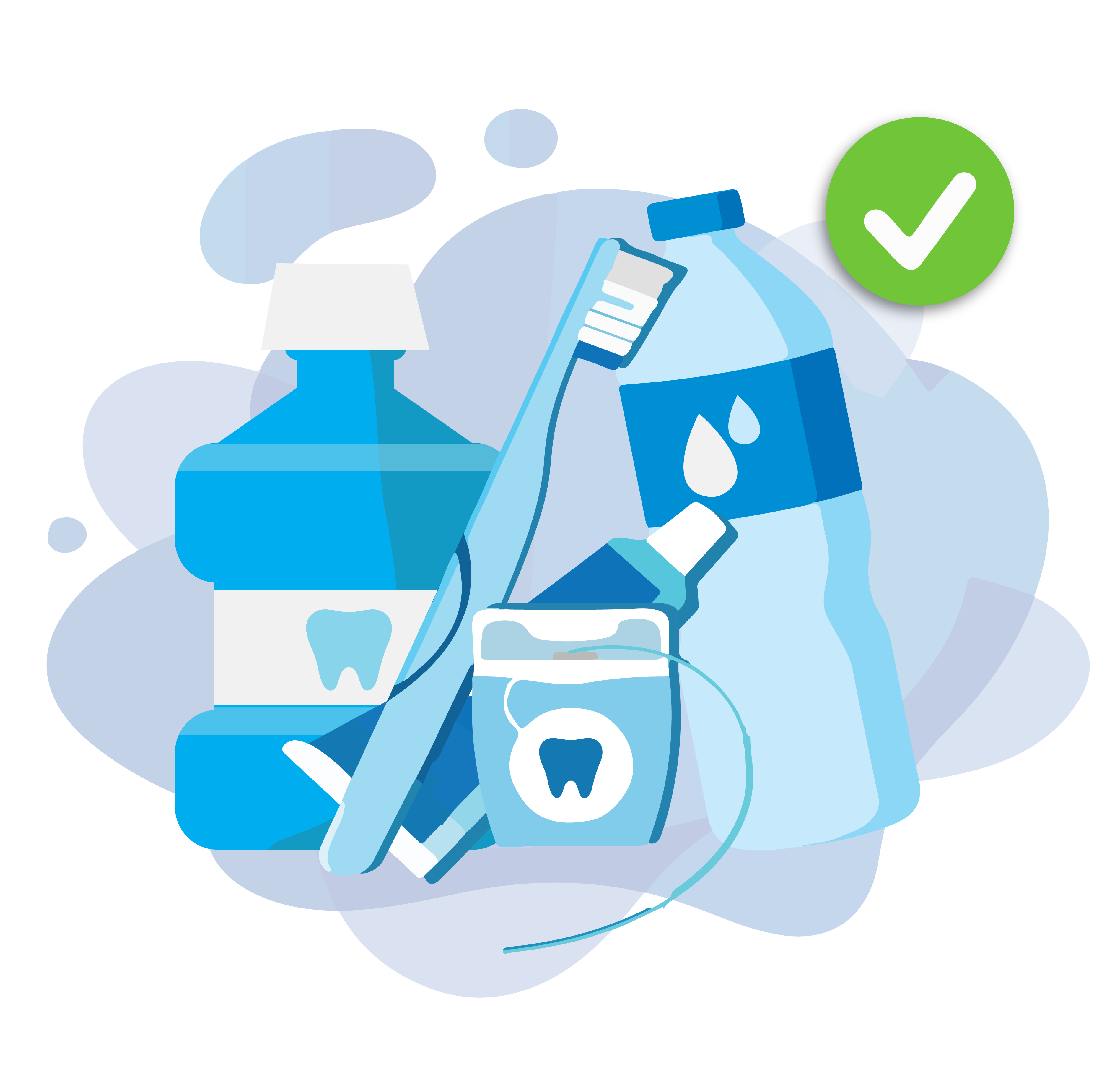 A good dental health toolkit that includes a toothbrush, toothpaste, dental floss, a water bottle, and mouthwash.