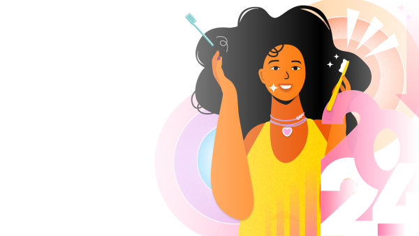Illustration of a young woman tossing a blue toothbrush from her hand and holding a brand new yellow toothbrush. She is smiling. In the foreground, the number 2024 is stacked in the corner. 