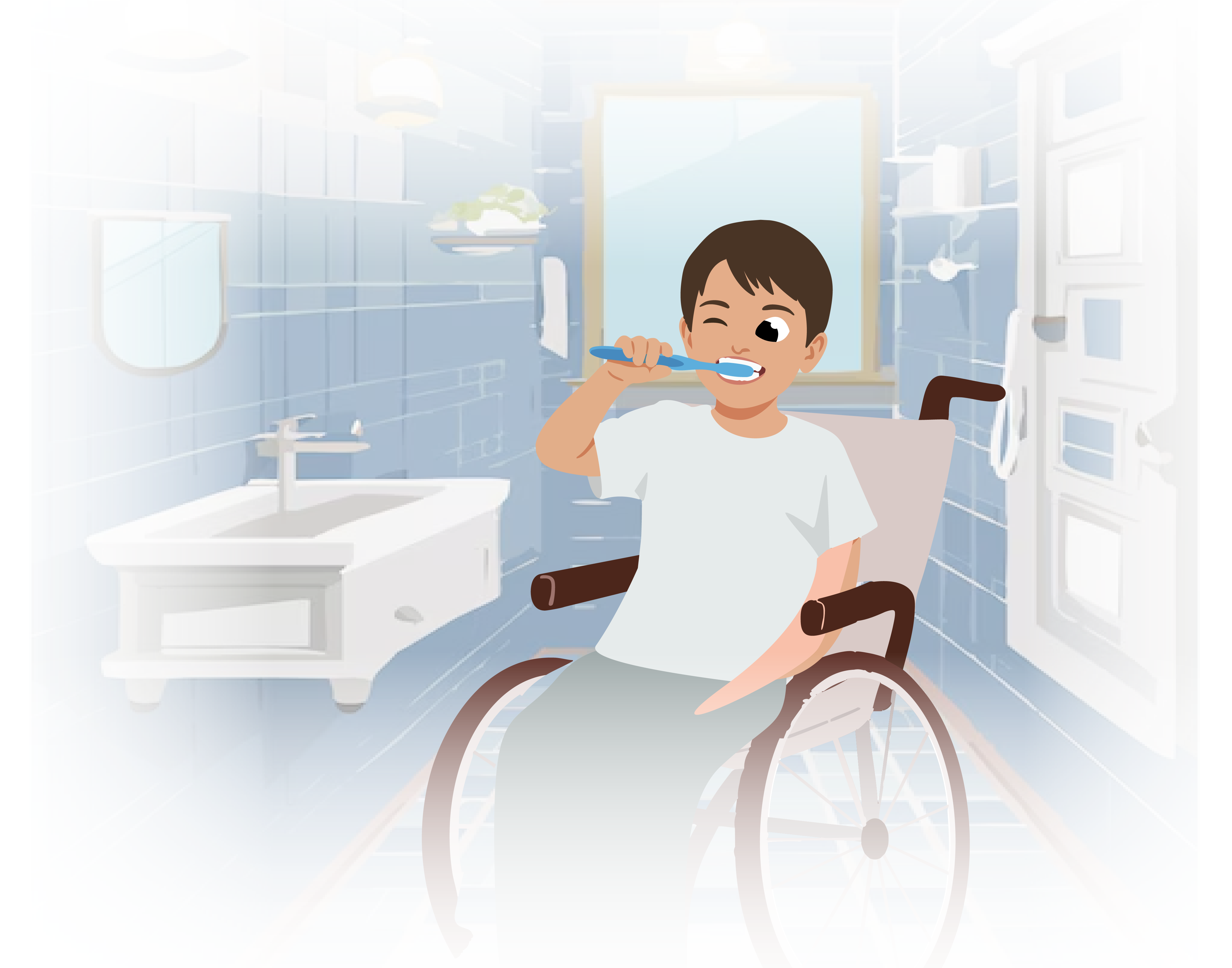 Illustration of a child in a wheel chair brushing his teeth.