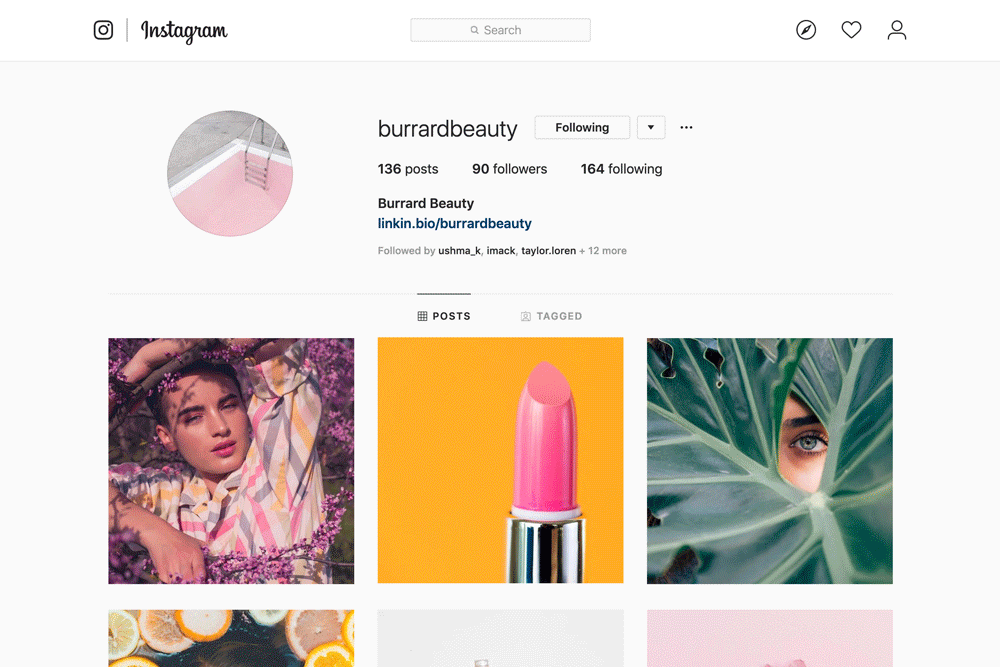 Gif of Burrard Beauty using Laters link in bio tool to link Instagram posts to their website