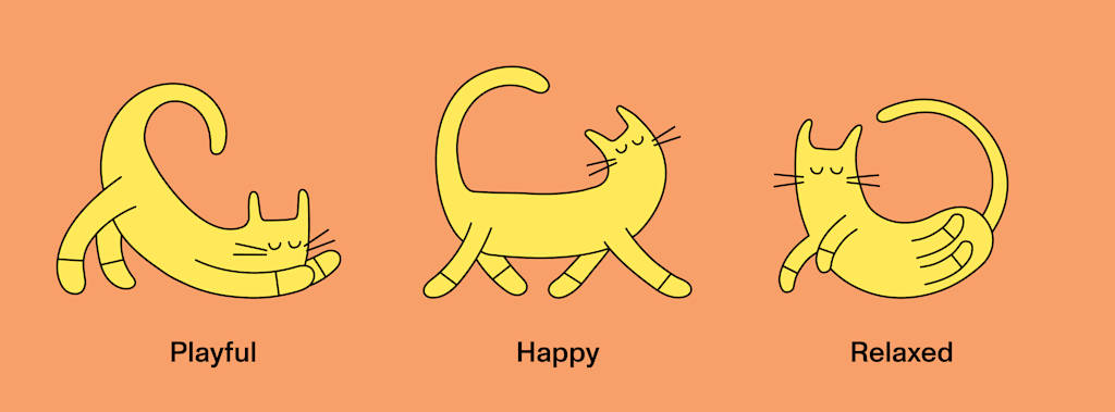 This image features three simple, cartoon-like illustrations of a yellow cat against a peach-colored background. Each cat is in a different position to represent different moods:
Playful: The cat is stretching forward with its front legs extended and its back arched. Its tail is curved upward, and the cat appears alert, showing energy and playfulness.
Happy: The cat is standing with its tail curled in a high arch, its eyes closed, and its face relaxed, indicating a content and happy mood.
Relaxed: The cat is curled into a ball with its tail wrapped around its body, eyes closed, and a peaceful expression, suggesting relaxation and calmness.
Each pose is labeled accordingly beneath the cat to describe its emotional state.