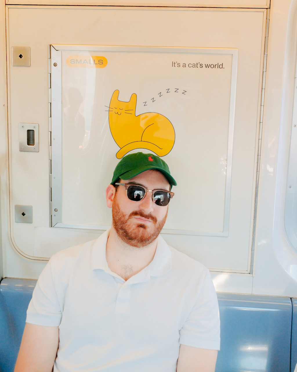 A man sits on the NYC subway against a wall, and it appears that an illustrated cat (Earl) is loafing on the man's head.