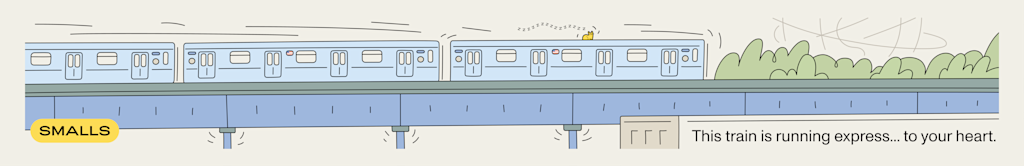 A cat sitting atop a train on an above-ground track with the Unisphere and some trees in the background.