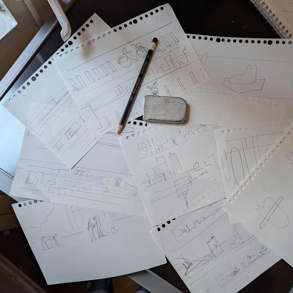 The image shows a collection of sketched drawings on various sheets of paper. The drawings appear to be abstract, architectural, and geometric in nature, with a mix of lines, shapes, and symbols. There is a pencil and an eraser visible on the papers, suggesting these are works in progress or creative sketches.
The papers are arranged in a disorganized manner, overlapping and scattered across the surface. The background is dark, which helps the white paper and pencil sketches stand out prominently.
Overall, the image conveys a sense of creative exploration and the process of ideation or brainstorming through these abstract, conceptual drawings.