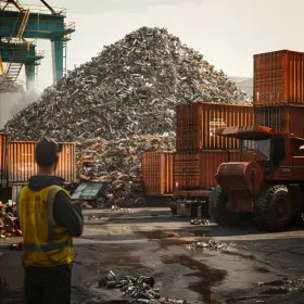 Unsorted pile of scrap being visually inspected, with containers around and a man wearing a yellow safety vest and carrying a tablet in his hand 