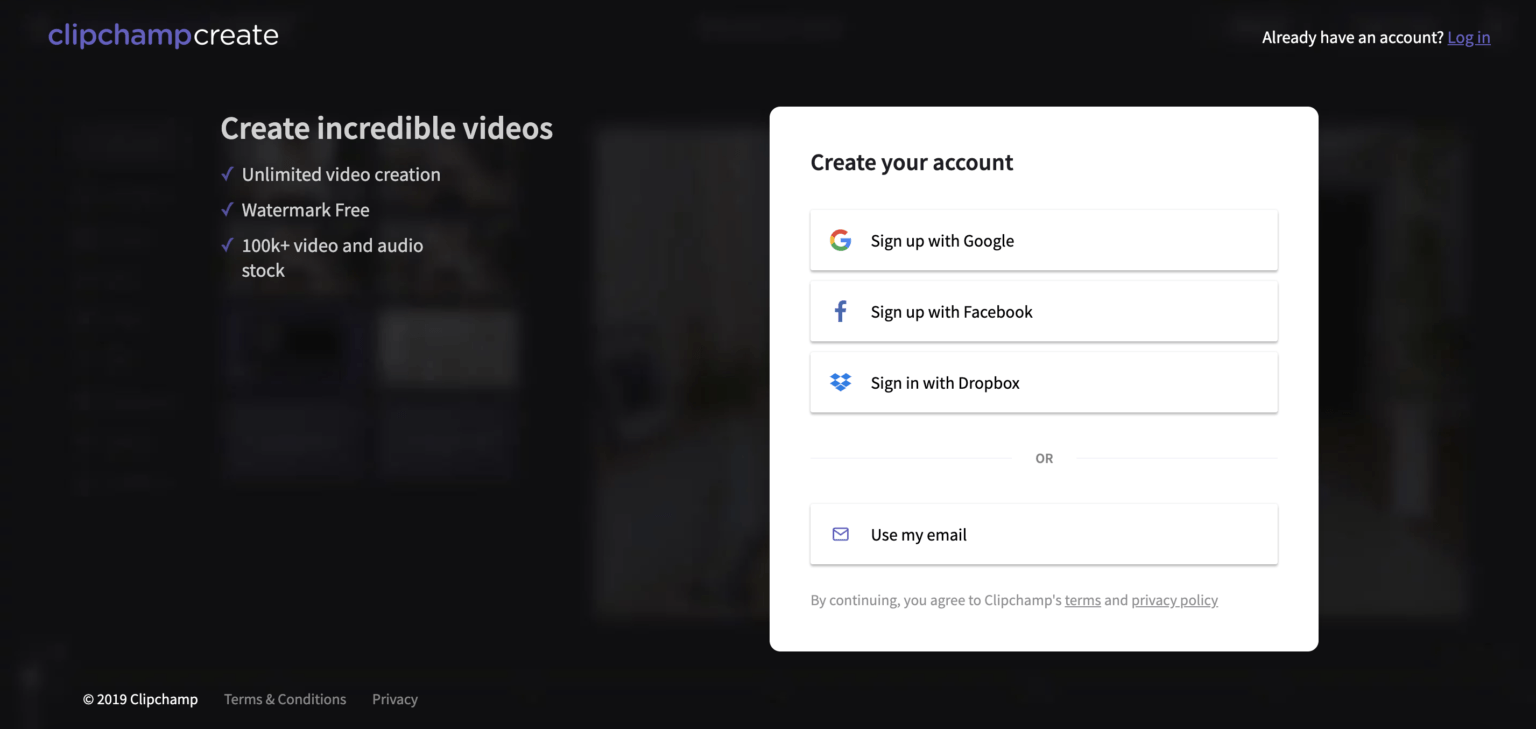 Step 1. Get started by creating a Clipchamp Create account