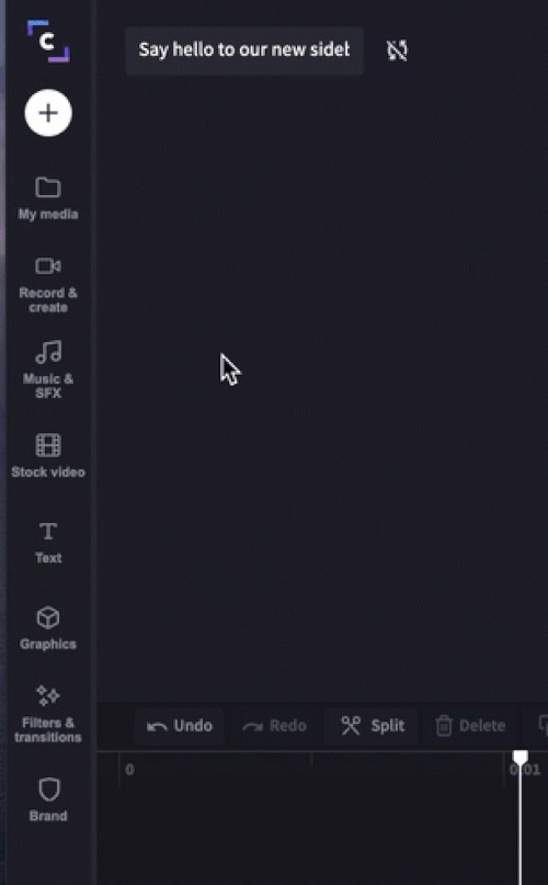 Screen recording of the Clipchamp video editor showing the record and create tab. The tab opens to show a button to open webcam recording, a button to open screen recording, and a button to open text to speech.