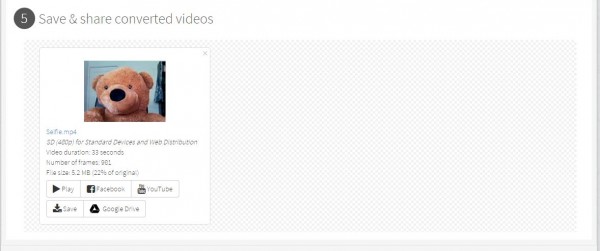 the processed video appears in the "Save & share converted videos" section