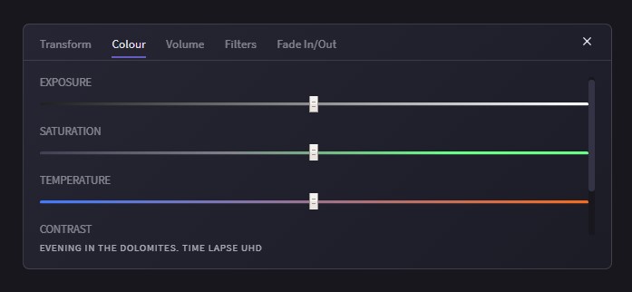 Sliders to adjust exposure, saturation, temperature, and contrast in your video