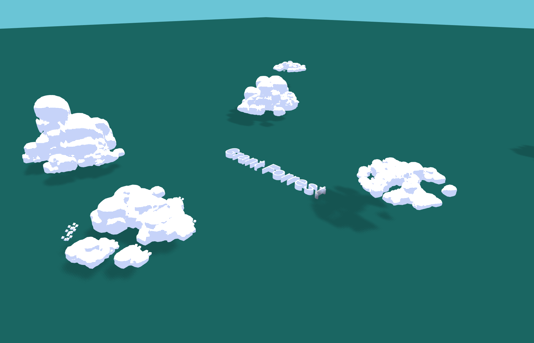 Cloud prototype An early prototype of white clouds floating over a green field