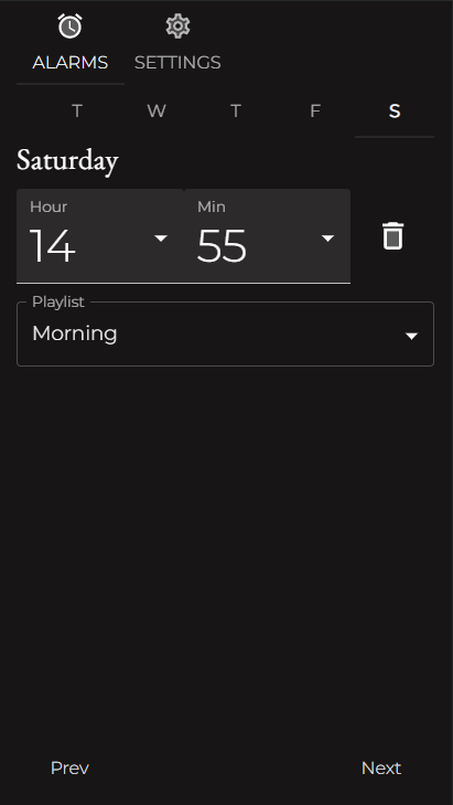 A screenshot of the alarm settings page A screenshot of the alarm settings page with a dropdown showing a playlist name