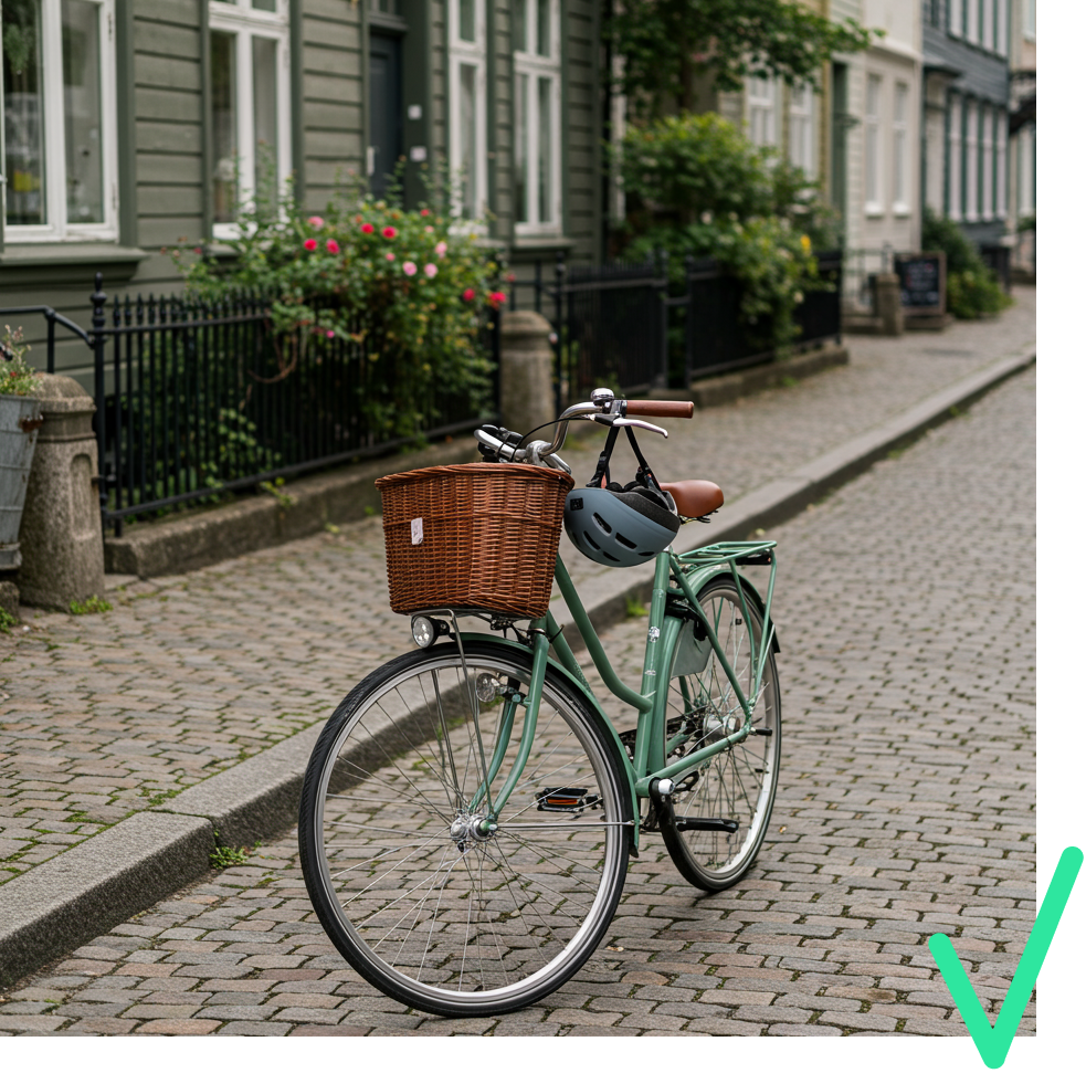 Bilde av sykkel som tydelig viser frem sykkelen i en hyggelig gate, et godt eksempel på hvordan ta gode bilder av produkter på Torget