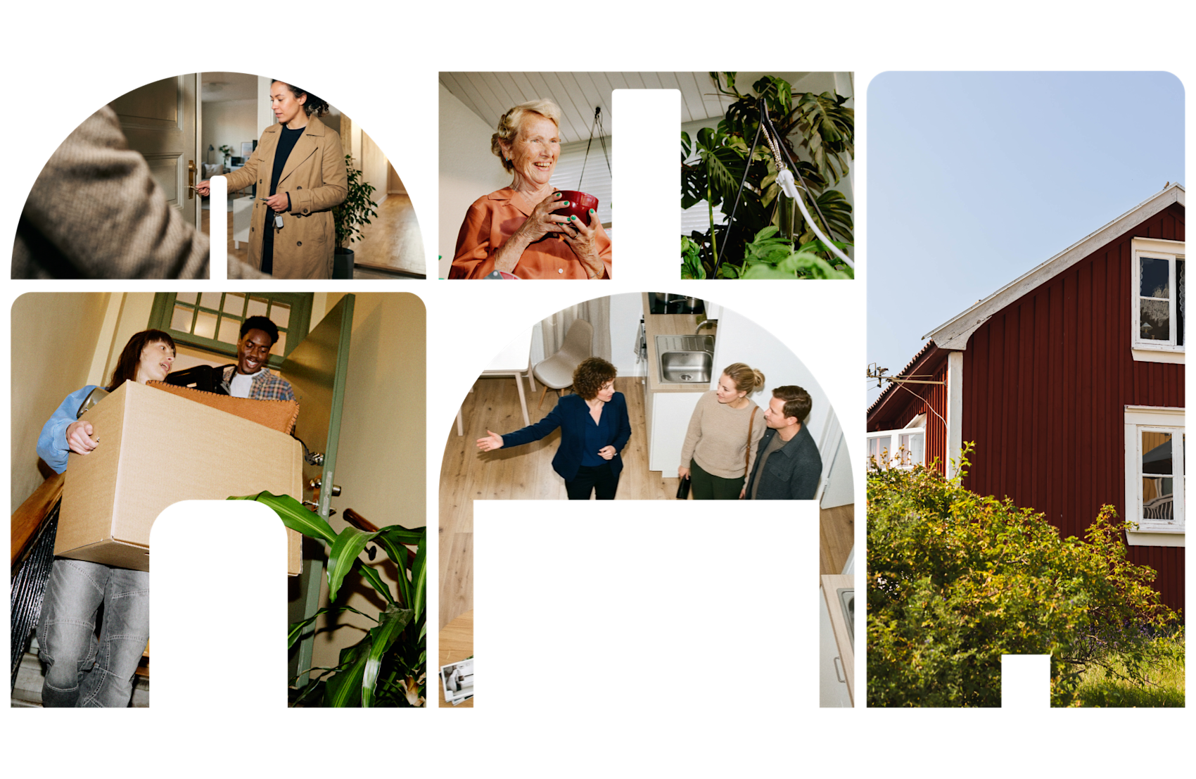 Kollasj med boligscener: folk som flytter, eiendomsvisning, eldre dame med telefon og et rødt hus.