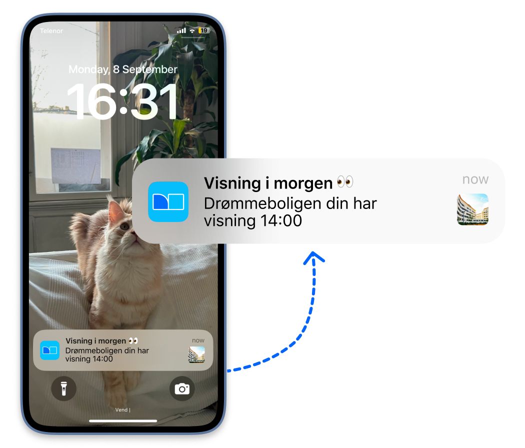 Illustrasjon av en mobil med en oransje og hvit katt på en sofa ved et vindu med en grønn plante. Mobilskjermen viser en varsling med teksten "Visning i morgen. Drømmeboligen din har visning 14:00."