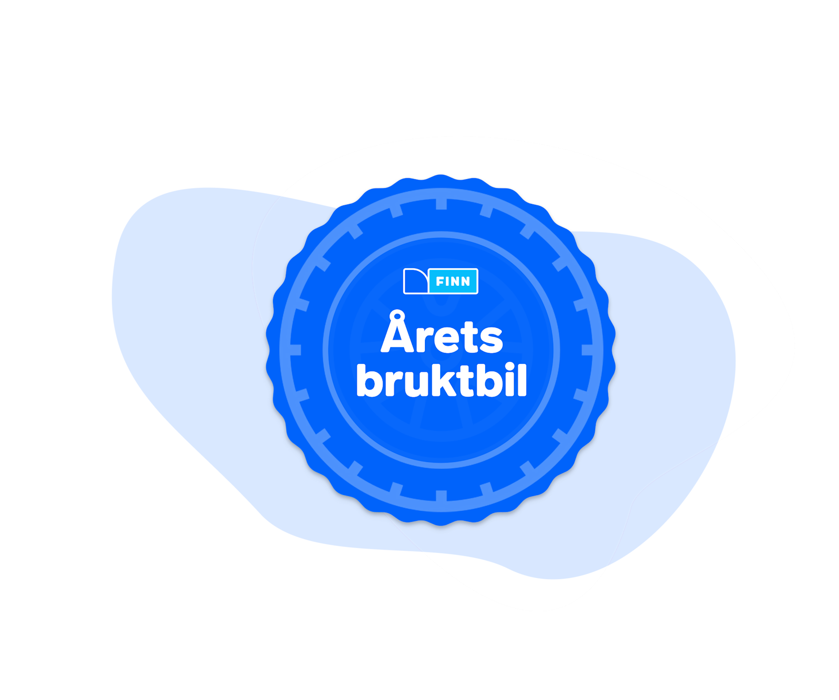 Blått emblem med FINN-logo og teksten "Årets bruktbil" på lyseblå bakgrunn.